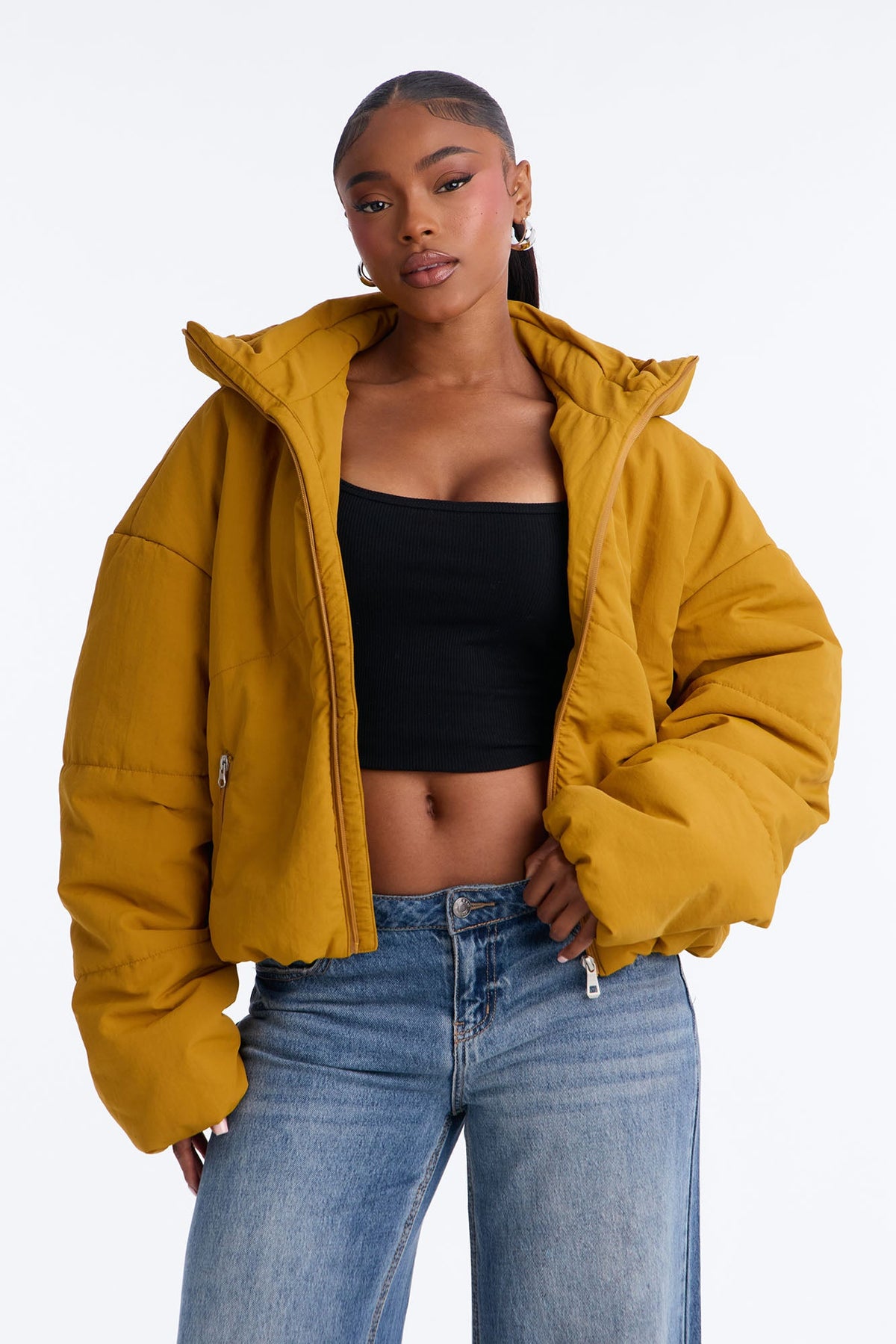 On The Go Funnel Neck Hooded Puffer - Mustard
