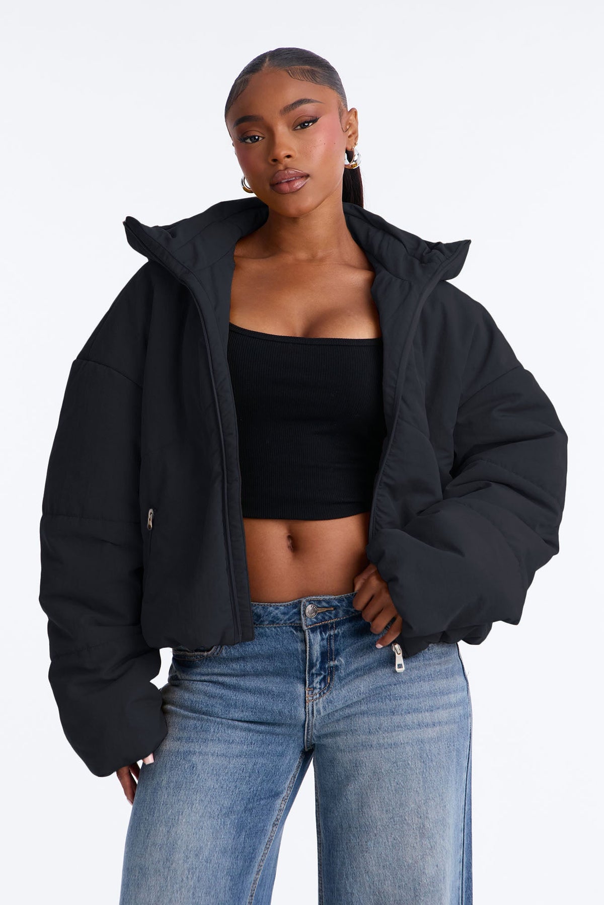 On The Go Funnel Neck Hooded Puffer - Black