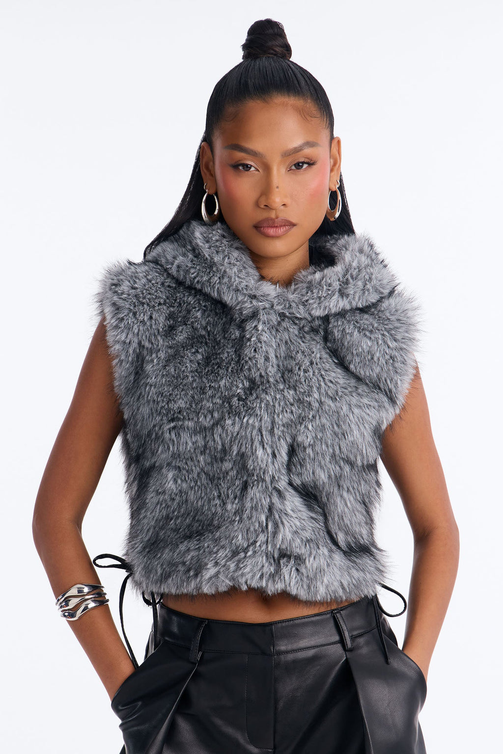 Playing With Fire Faux Fur Cropped Vest - Grey