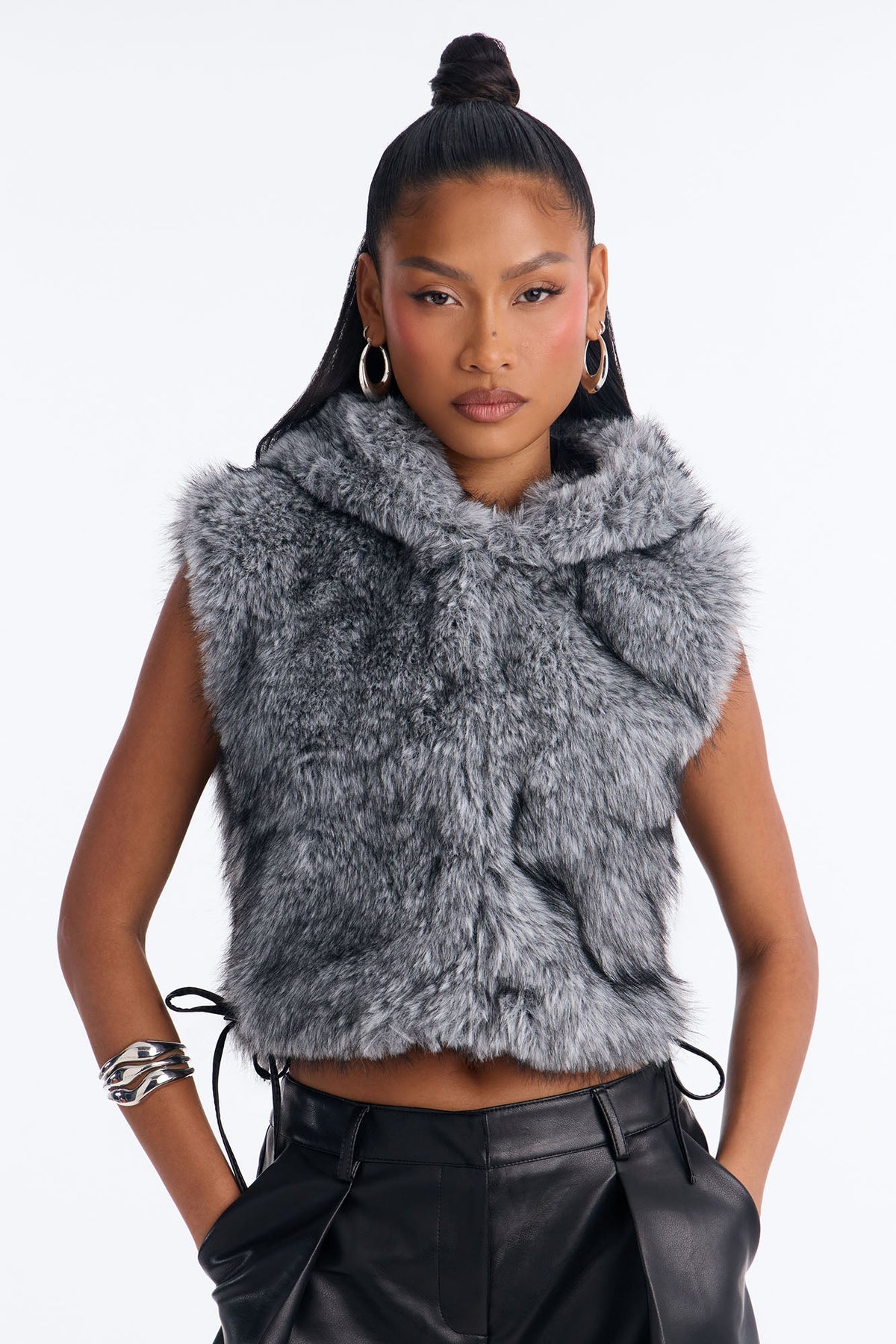 Playing With Fire Faux Fur Cropped Vest - Grey