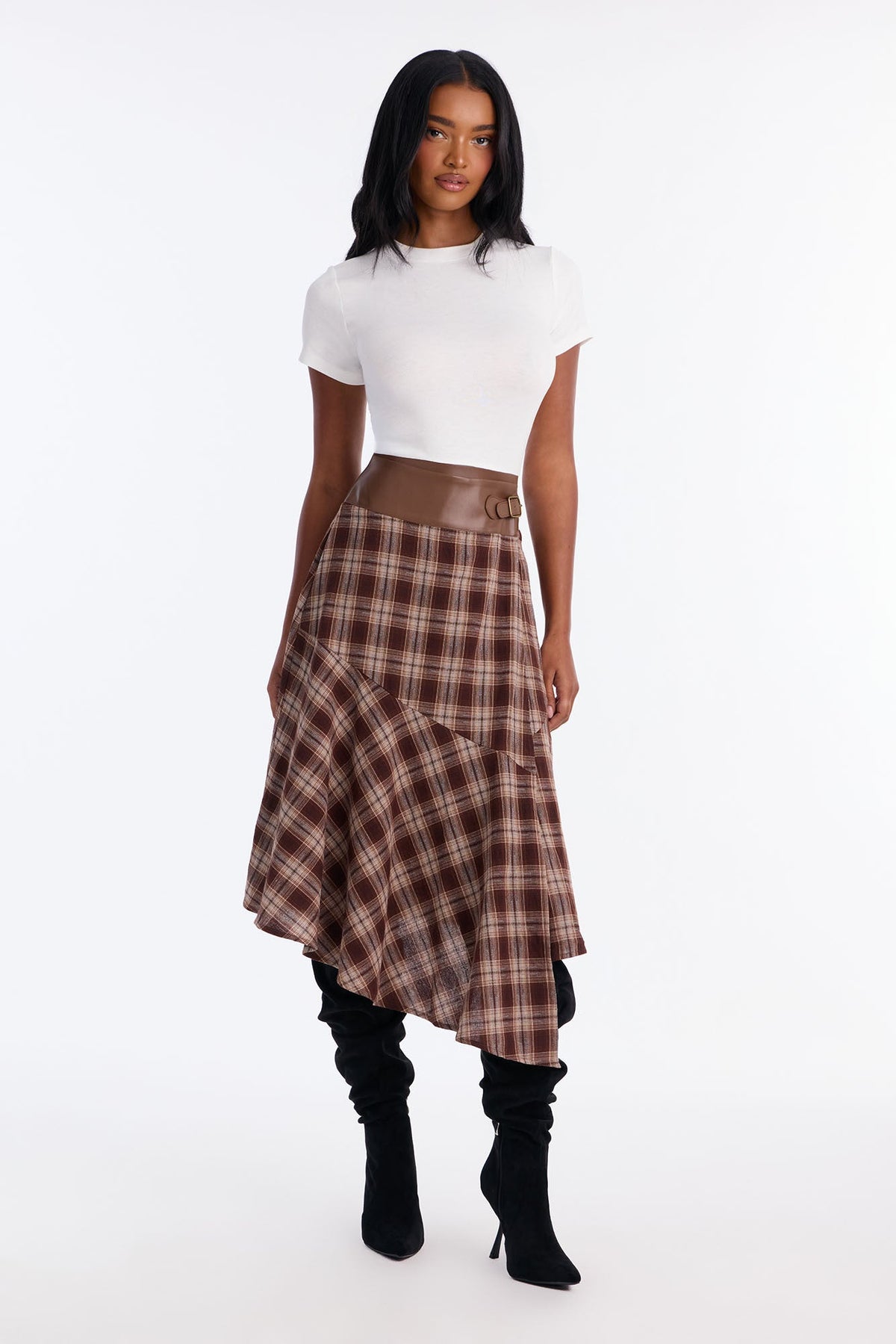 Both Ways Plaid Belted Midi Dress - Brown/combo