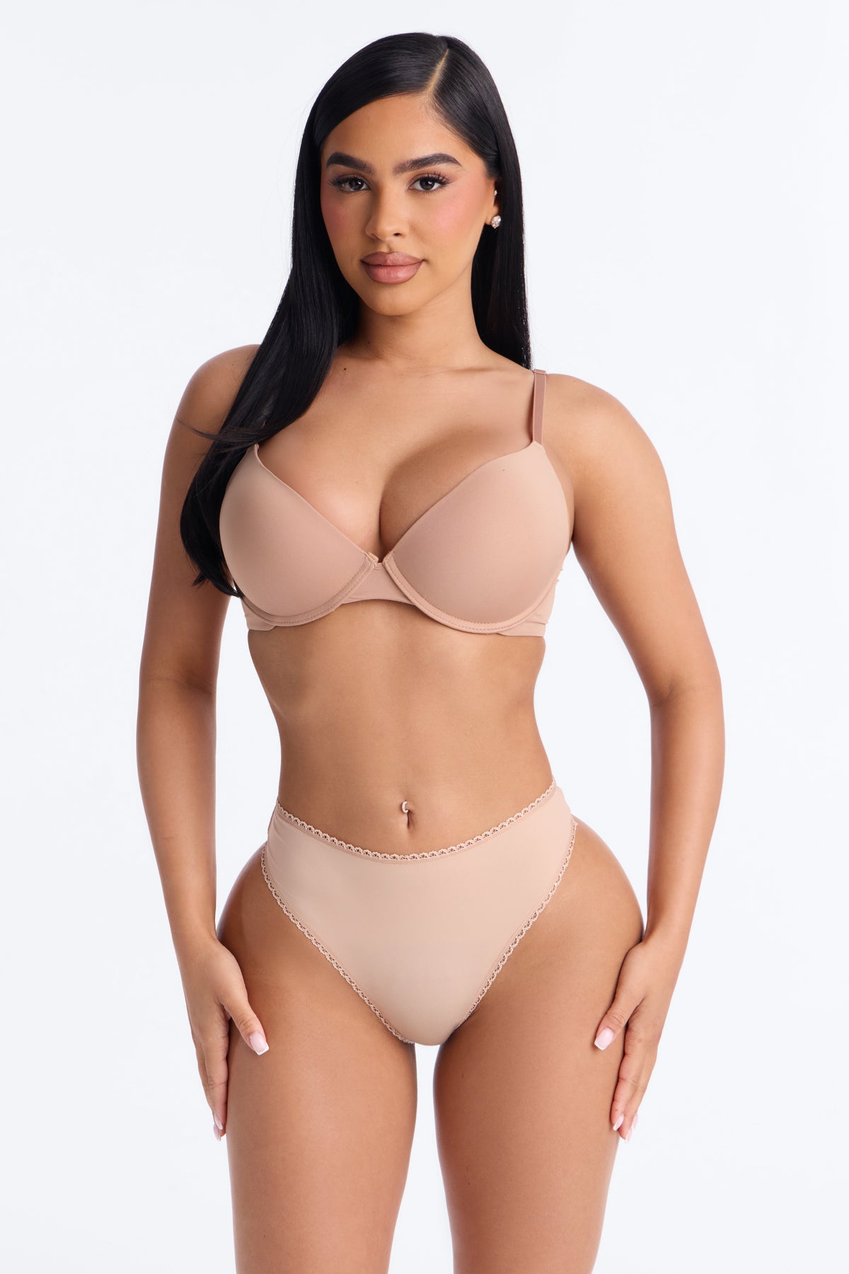 Let Me Live Lace Trim Thong Panty - Nude