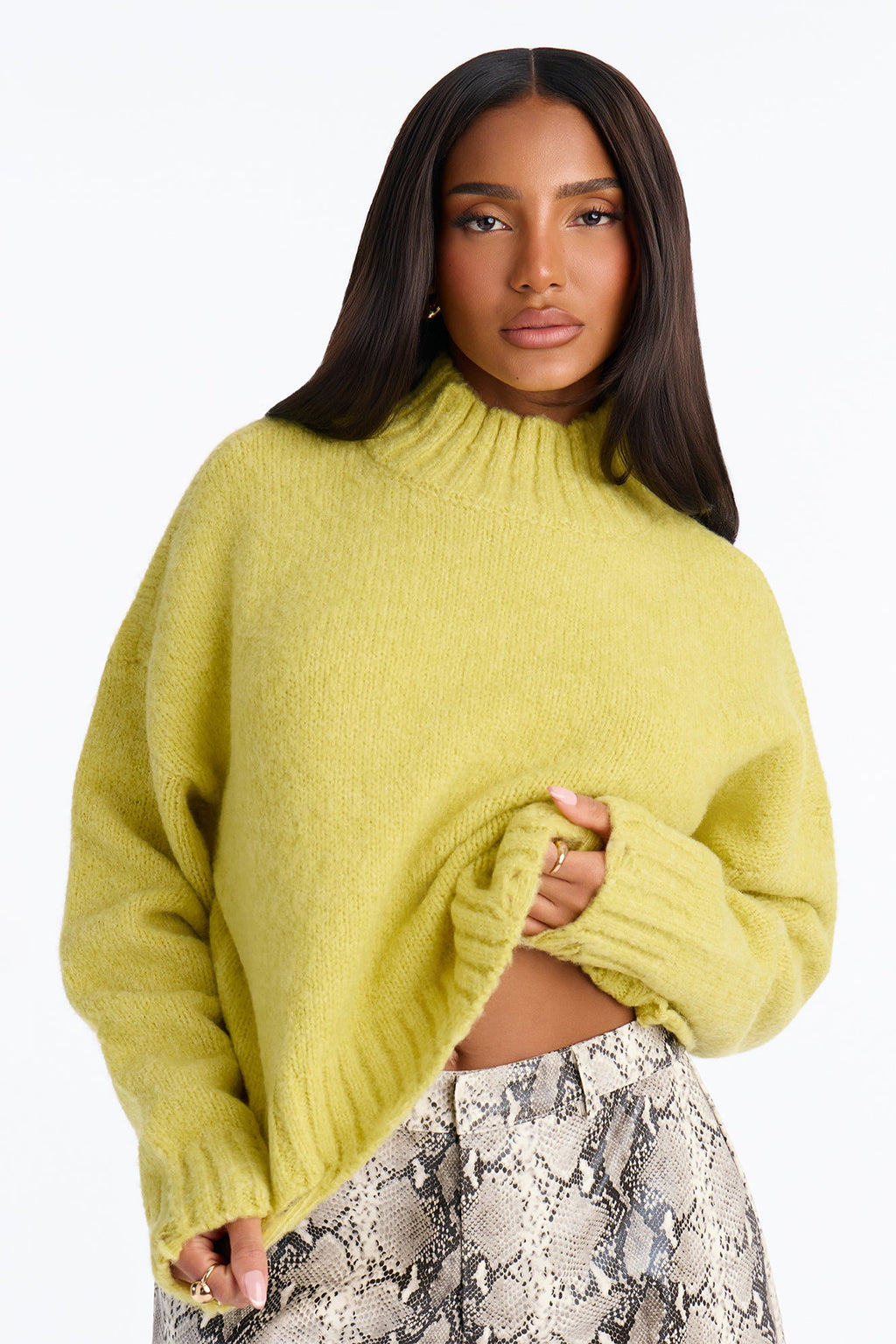Aria Distressed Mock Neck Pullover Sweater - Lime