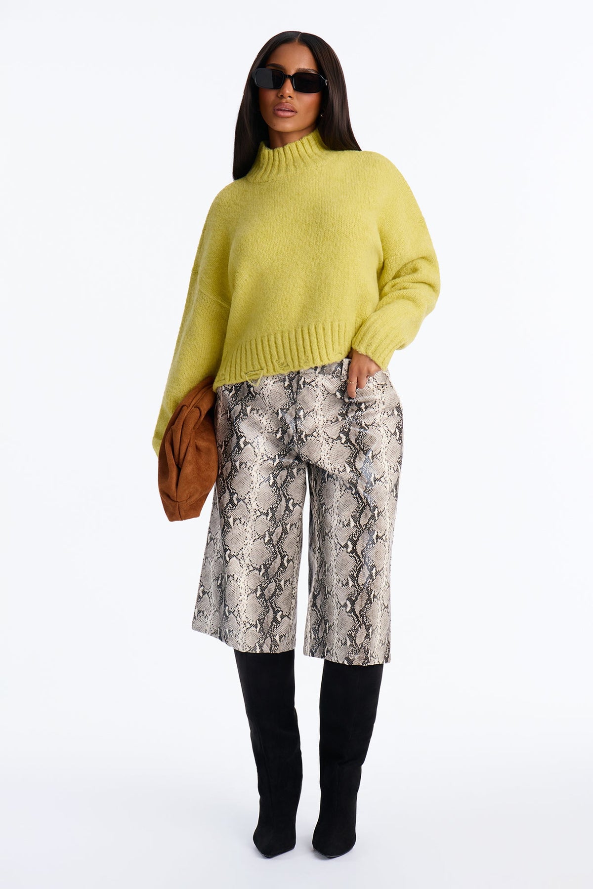 Aria Distressed Mock Neck Pullover Sweater - Lime