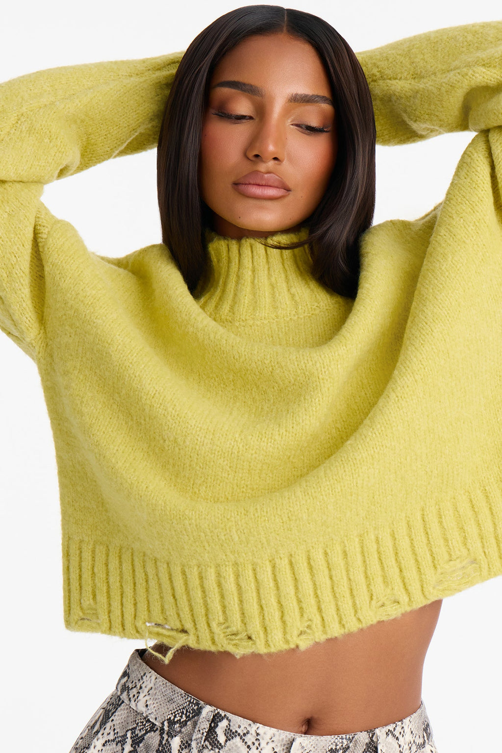 Aria Distressed Mock Neck Pullover Sweater - Lime