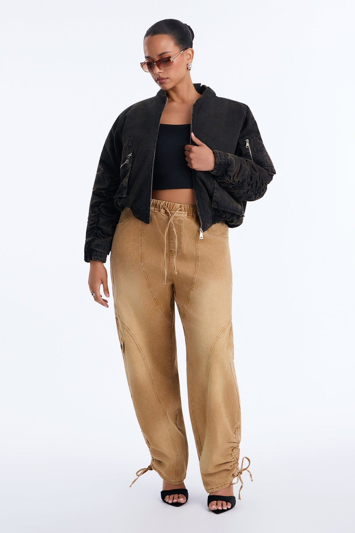 Edgy Girl Washed Bomber Jacket - Brown Combo
