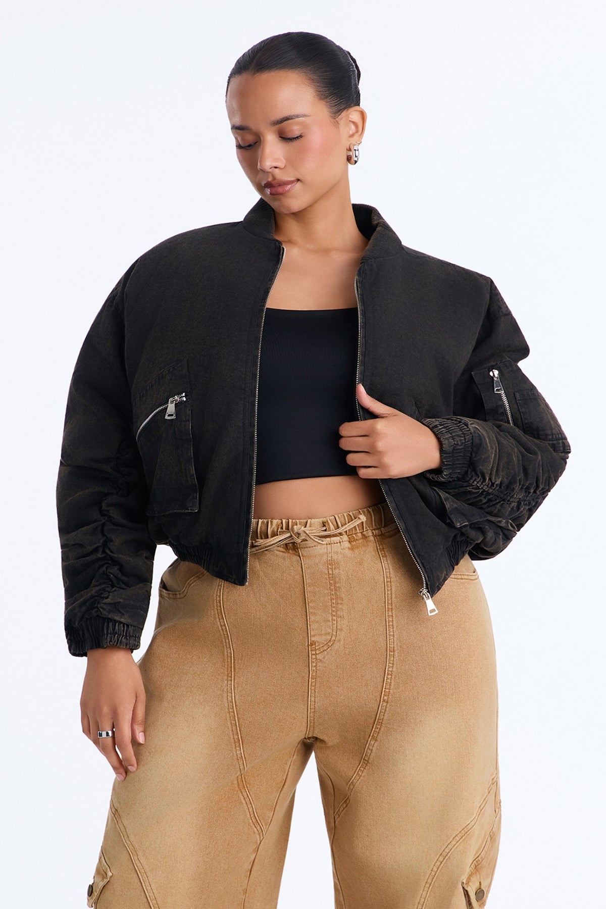Edgy Girl Washed Bomber Jacket - Brown Combo