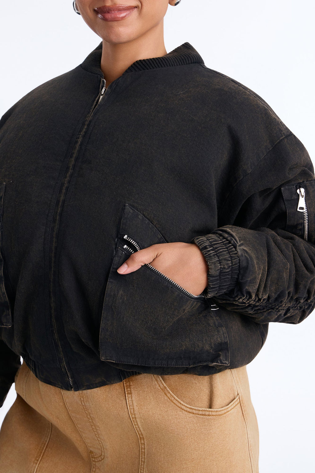 Edgy Girl Washed Bomber Jacket - Brown Combo