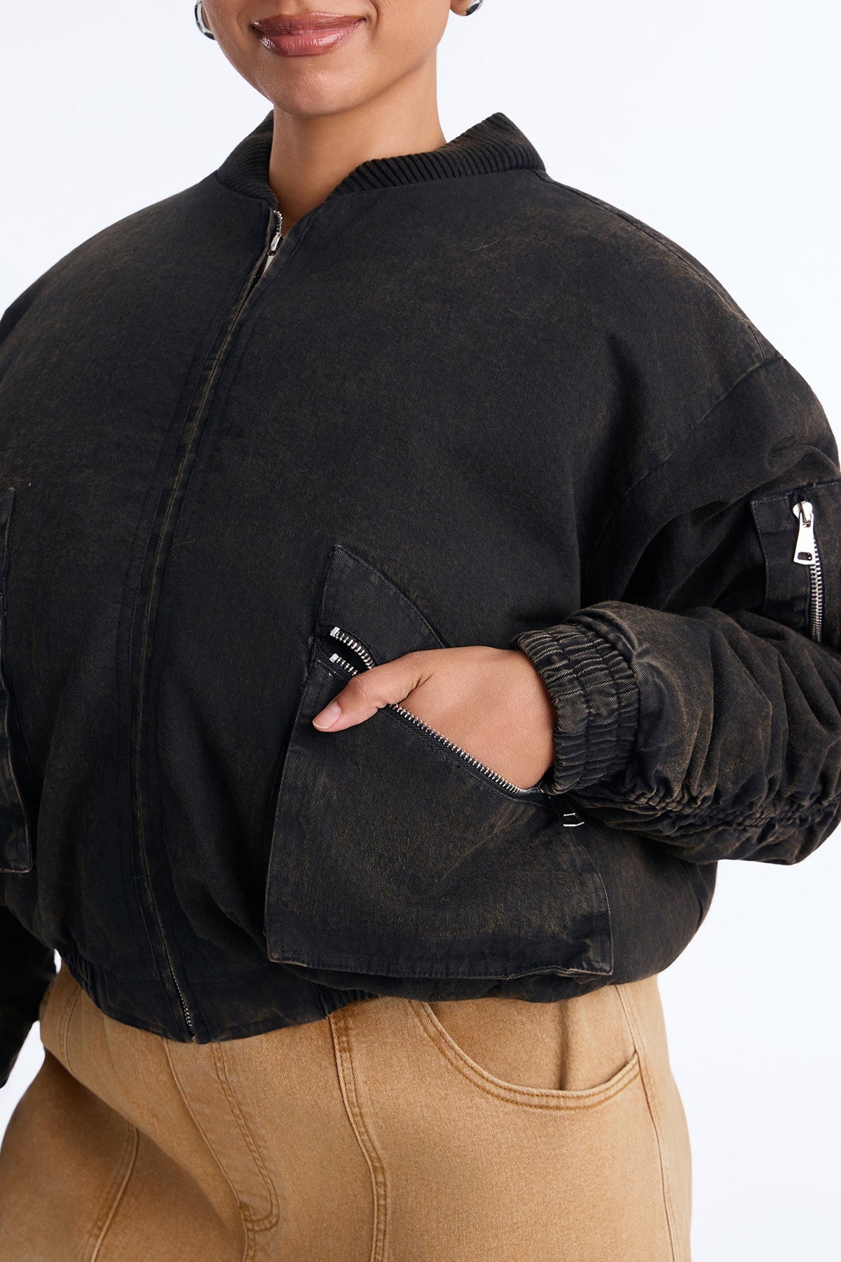 Edgy Girl Washed Bomber Jacket - Brown Combo