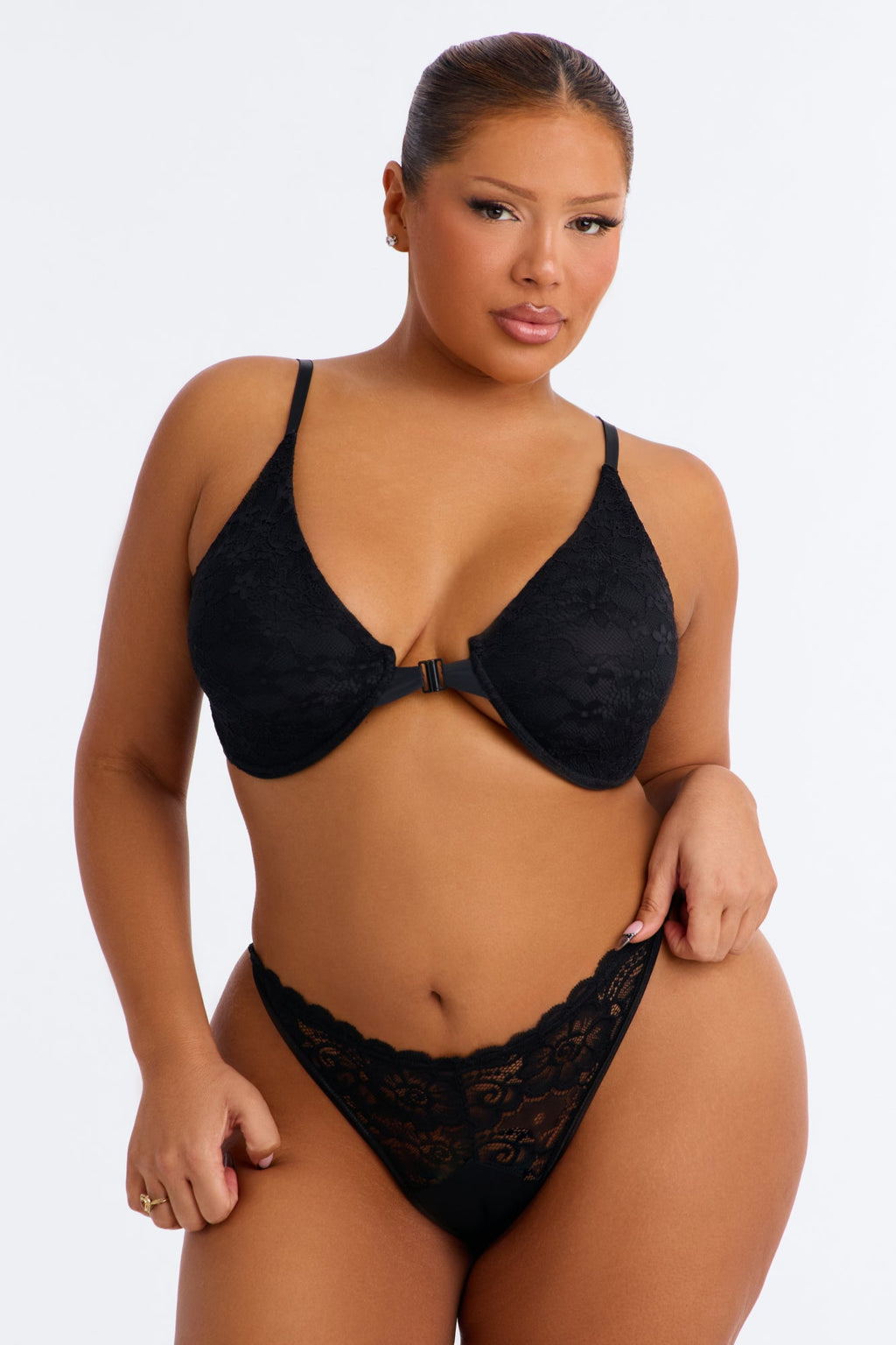 Lace Overlay Front Closure Unlined Comfort Underwire Bra - Black