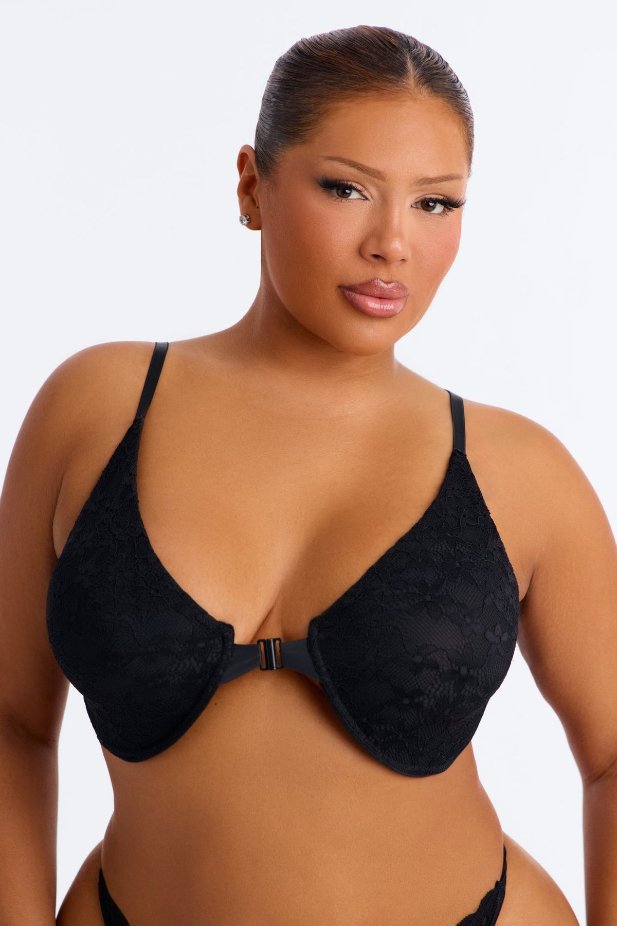 Lace Overlay Front Closure Unlined Comfort Underwire Bra - Black
