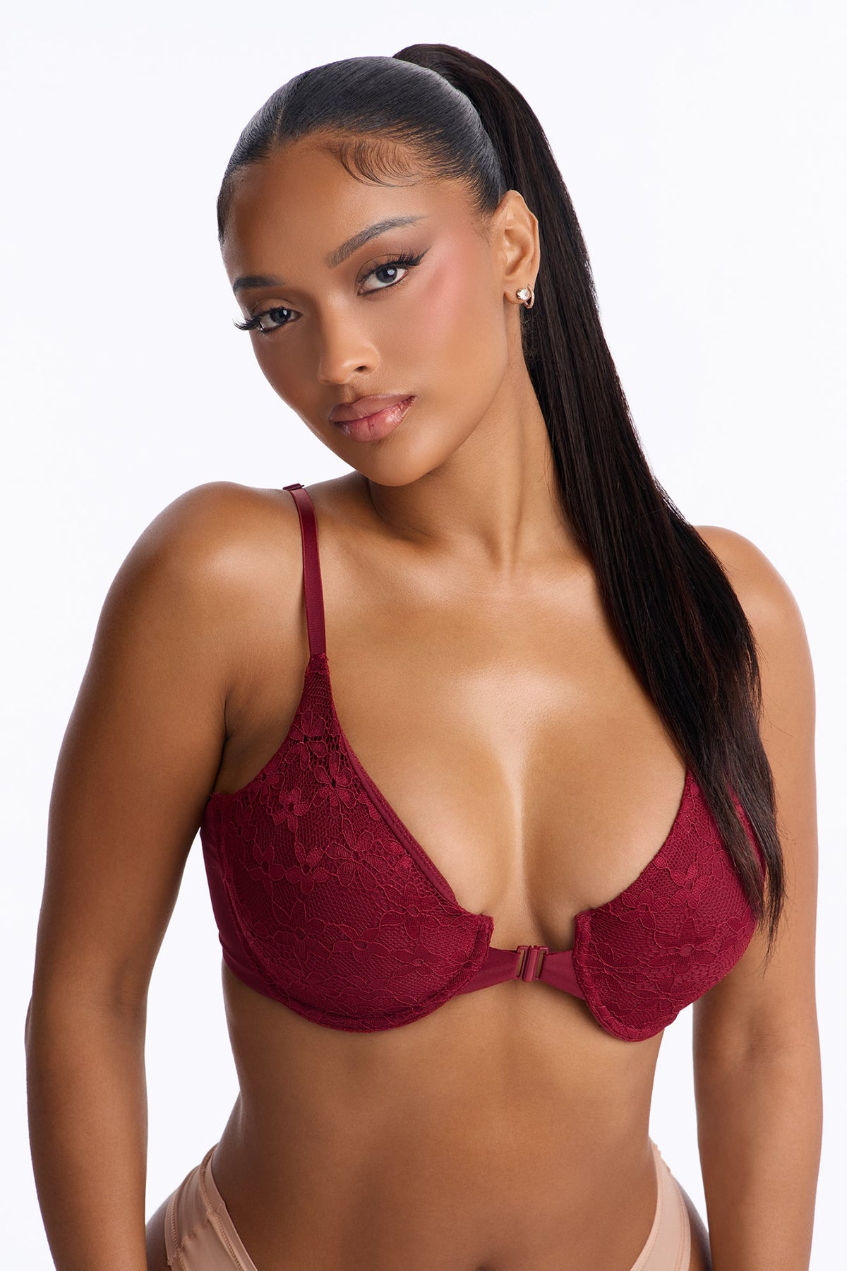 Lace Overlay Front Closure Unlined Comfort Underwire Bra - Wine