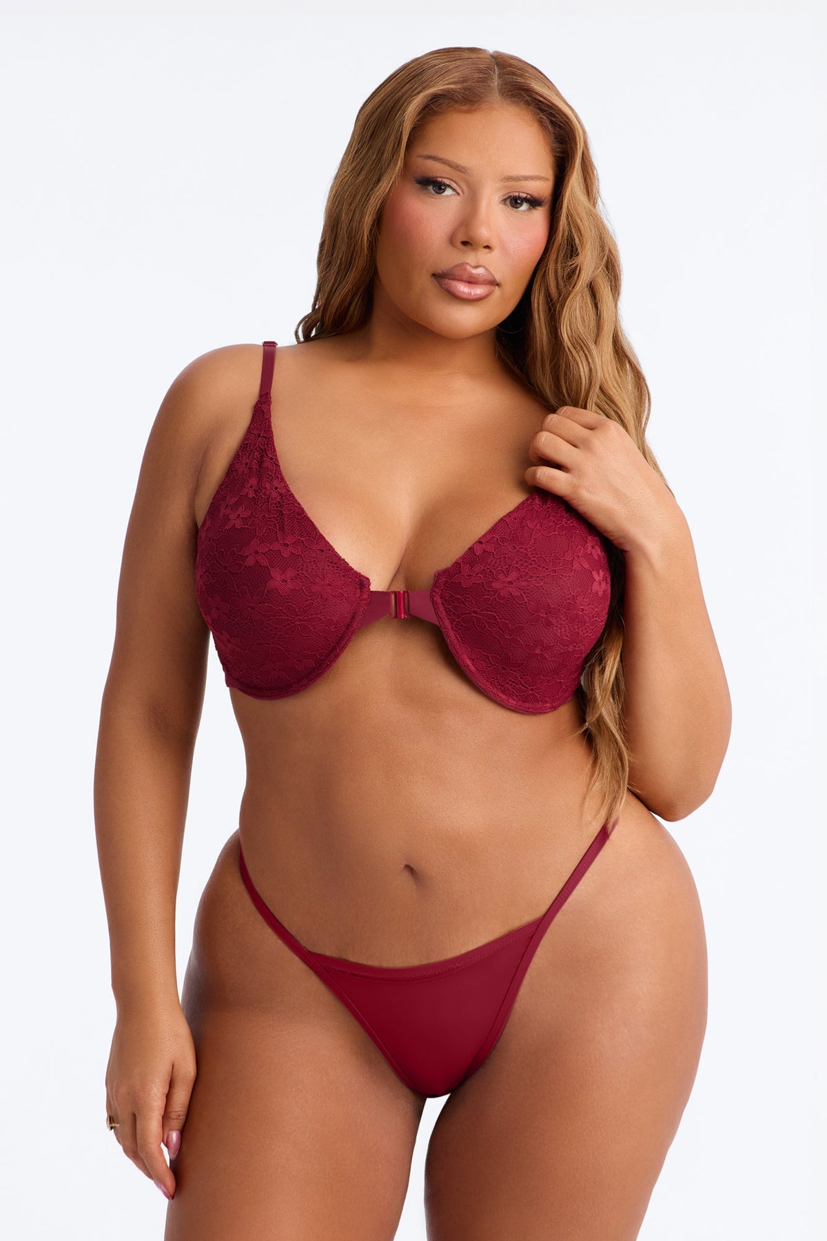 Lace Overlay Front Closure Unlined Comfort Underwire Bra - Wine