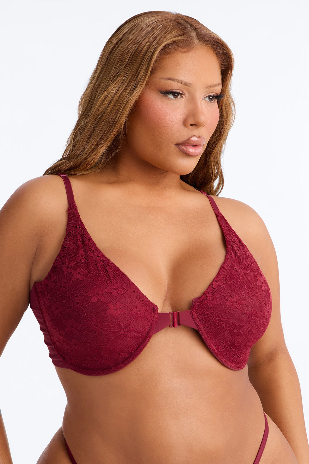 Lace Overlay Front Closure Unlined Comfort Underwire Bra - Wine