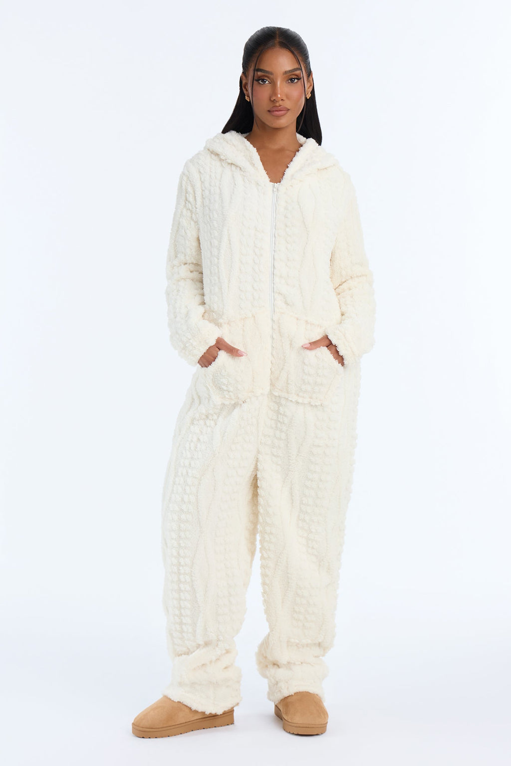Warm & Toasty Textured Sherpa Hooded PJ Onesie - Cream