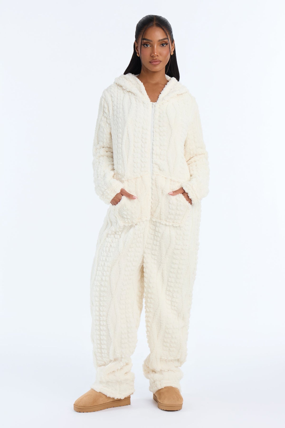 Warm & Toasty Textured Sherpa Hooded PJ Onesie - Cream