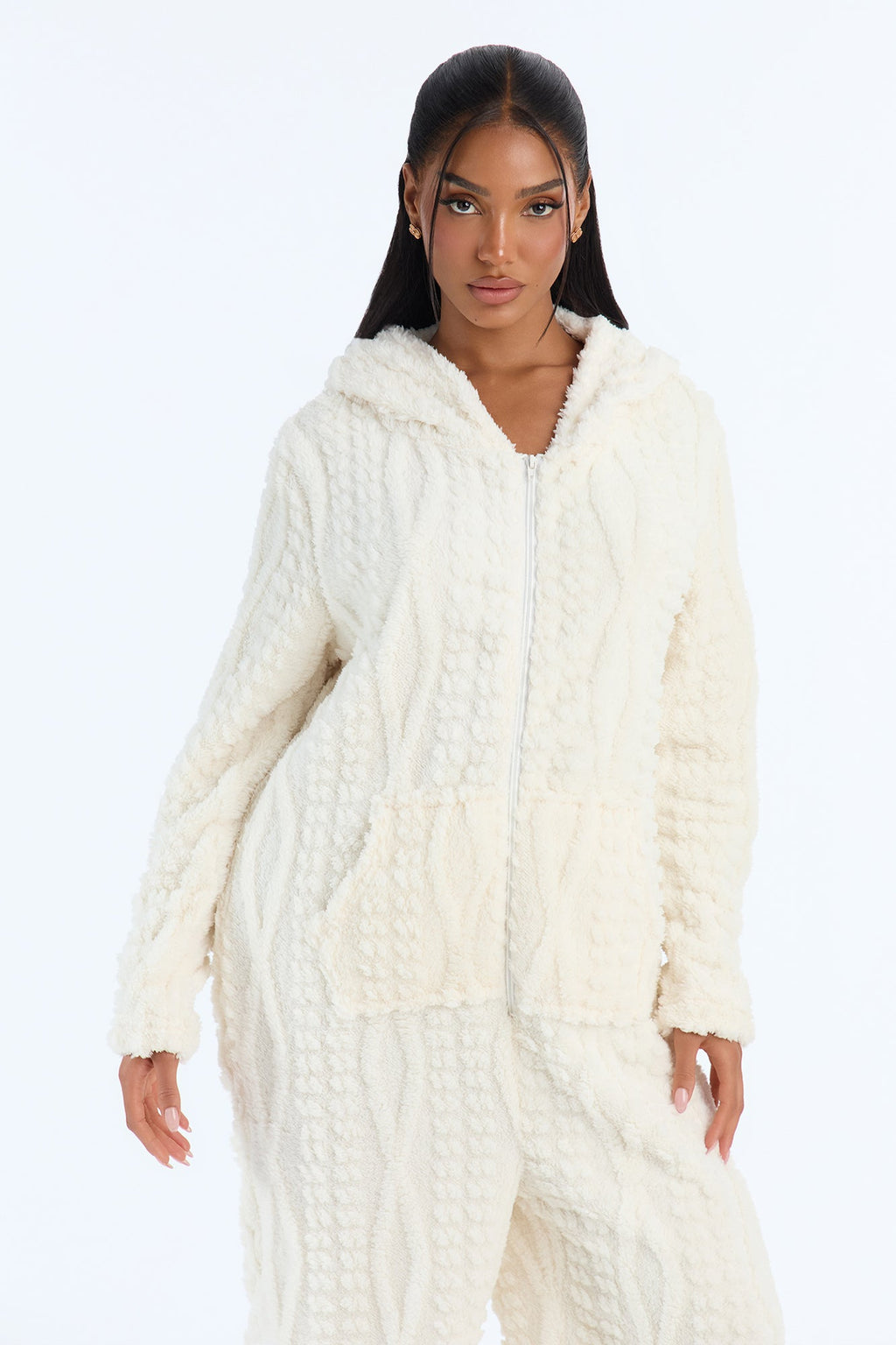 Warm & Toasty Textured Sherpa Hooded PJ Onesie - Cream