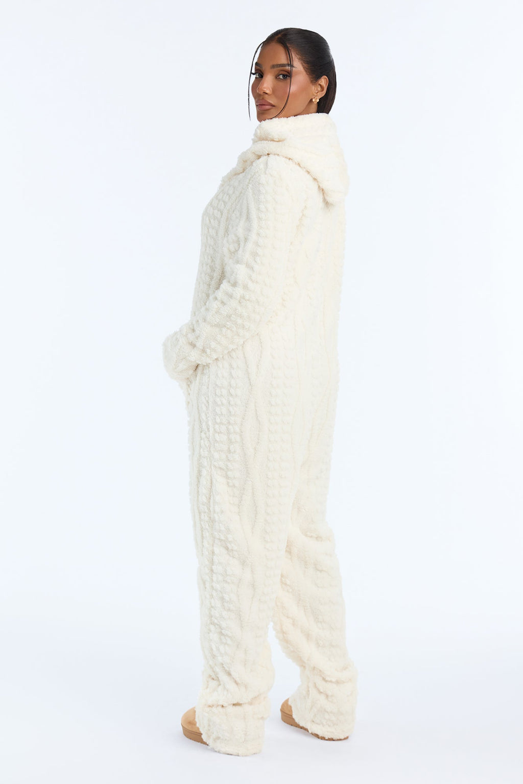 Warm & Toasty Textured Sherpa Hooded PJ Onesie - Cream