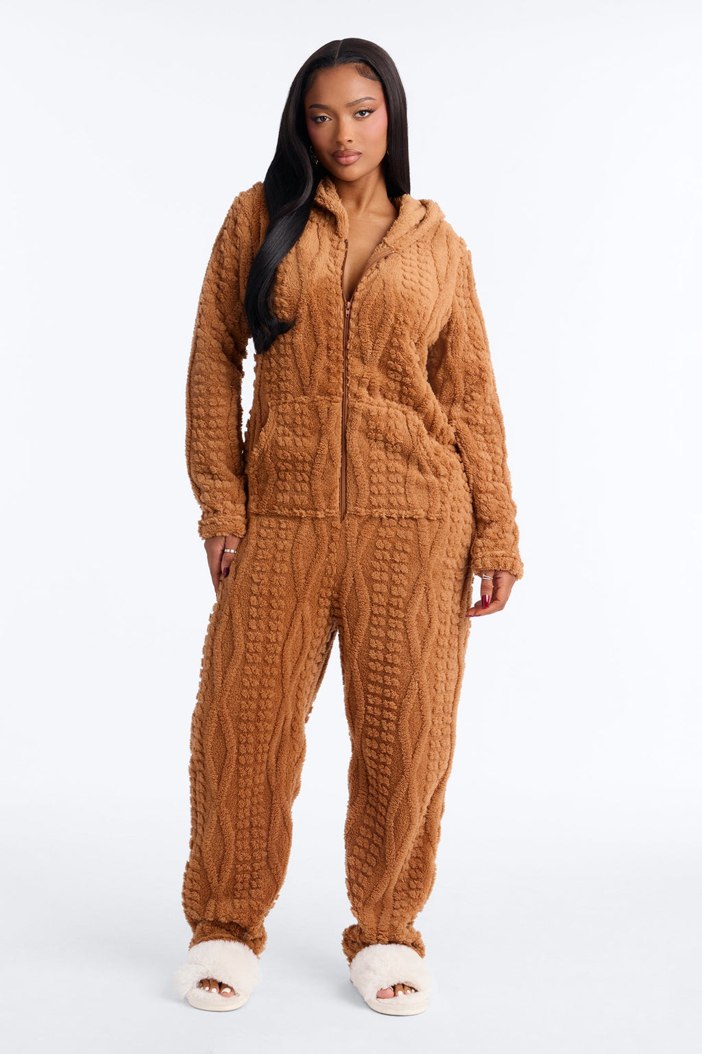Warm & Toasty Textured Sherpa Hooded PJ Onesie - Tan