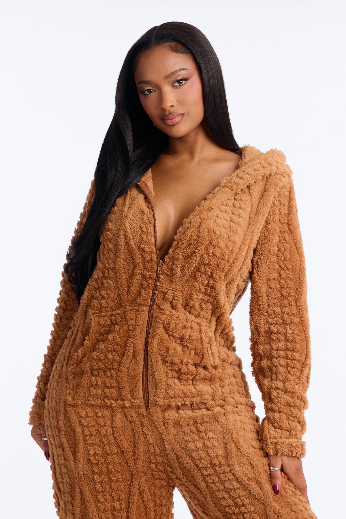 Warm & Toasty Textured Sherpa Hooded PJ Onesie - Tan