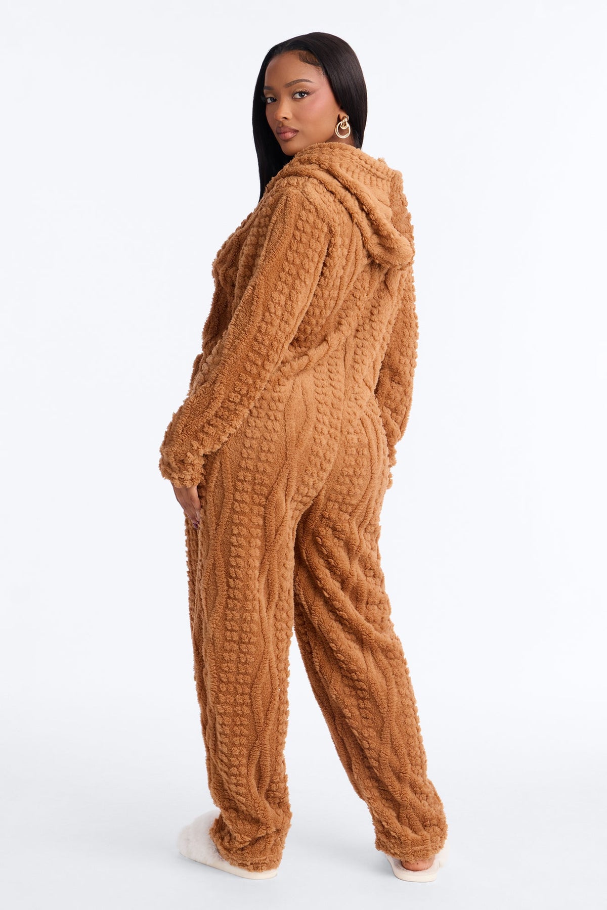 Warm & Toasty Textured Sherpa Hooded PJ Onesie - Tan