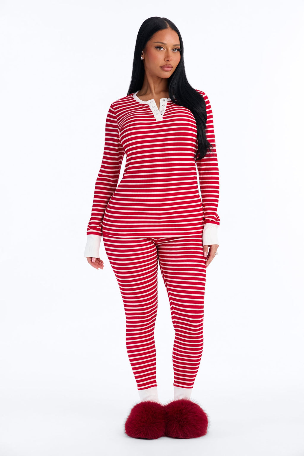 Brushed Waffle Base Layer Thermal PJ Legging Set - Red/White