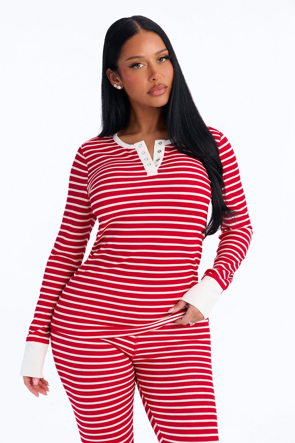 Brushed Waffle Base Layer Thermal PJ Legging Set - Red/White