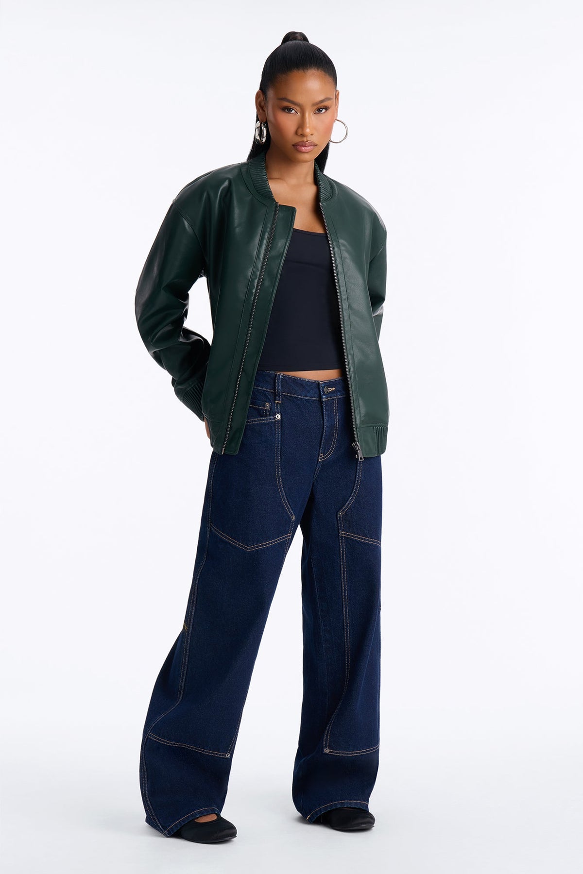 Gabrielle Faux Leather Bomber Jacket - Hunter