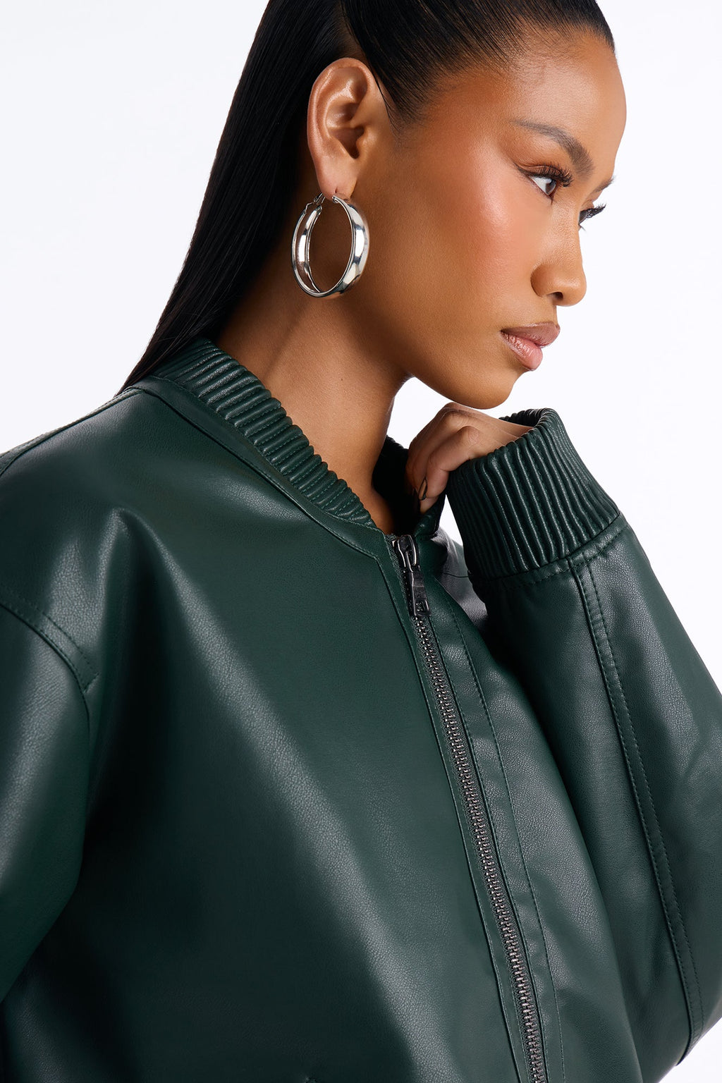Gabrielle Faux Leather Bomber Jacket - Hunter