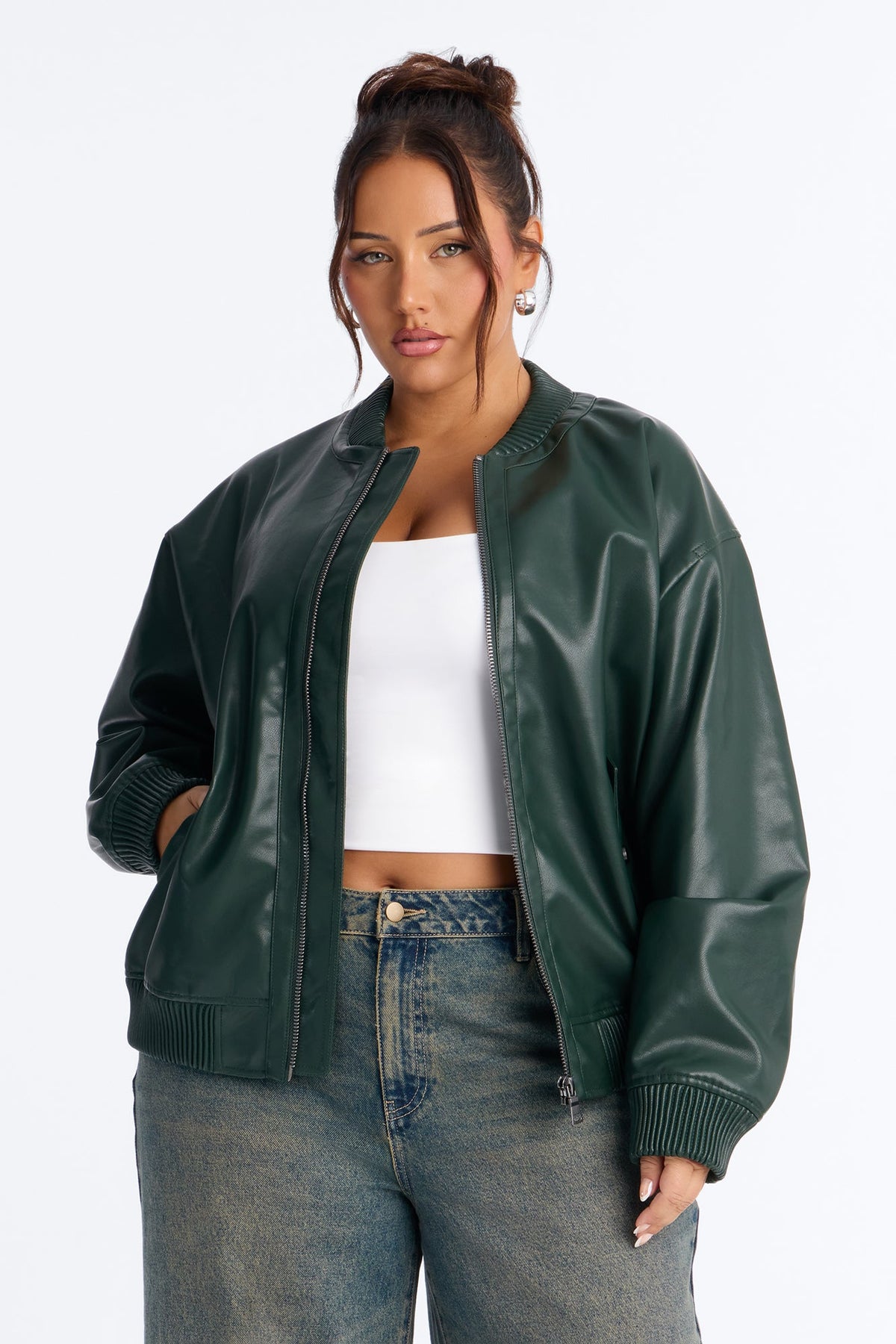 Gabrielle Faux Leather Bomber Jacket - Hunter