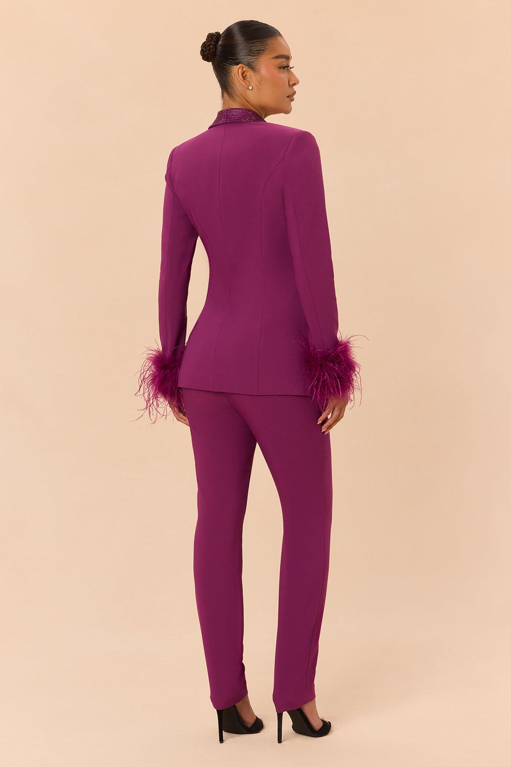 Clarissa Embellished Feather Blazer Suit Set - Plum