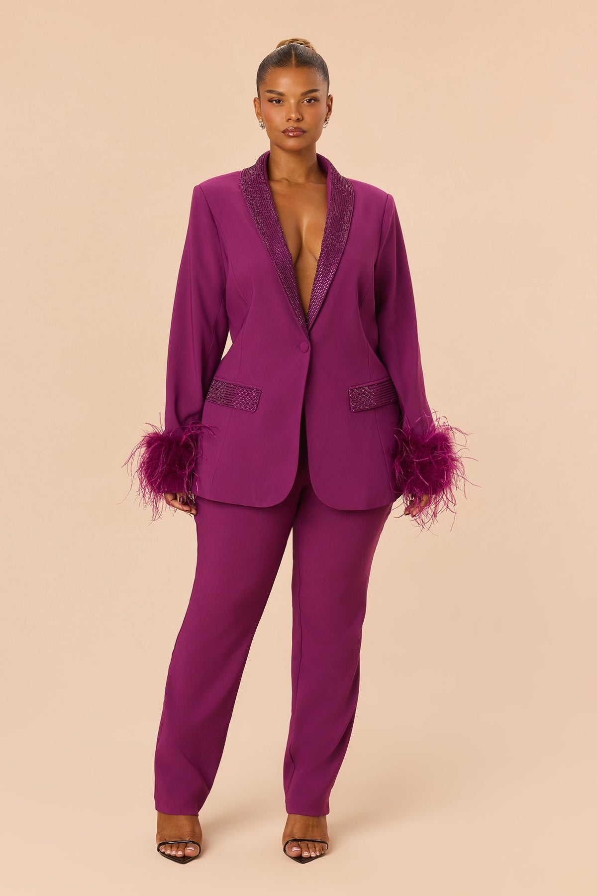 Clarissa Embellished Feather Blazer Suit Set - Plum