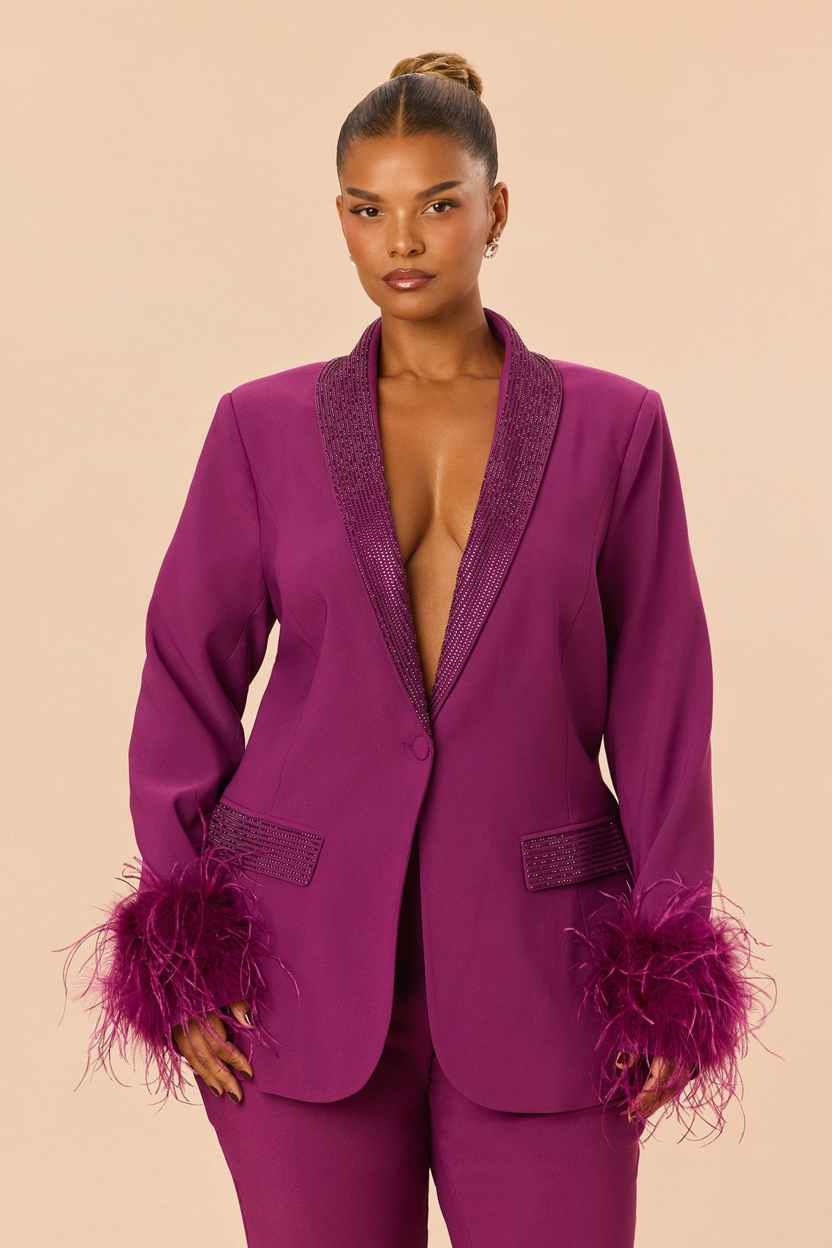 Clarissa Embellished Feather Blazer Suit Set - Plum