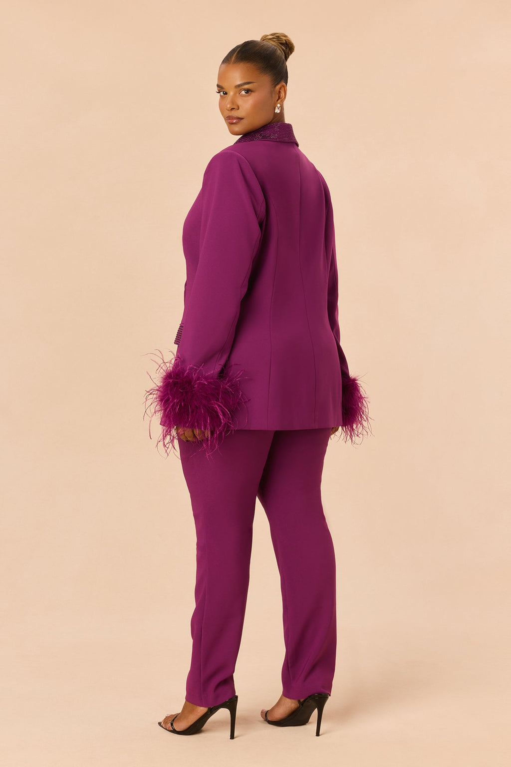 Clarissa Embellished Feather Blazer Suit Set - Plum