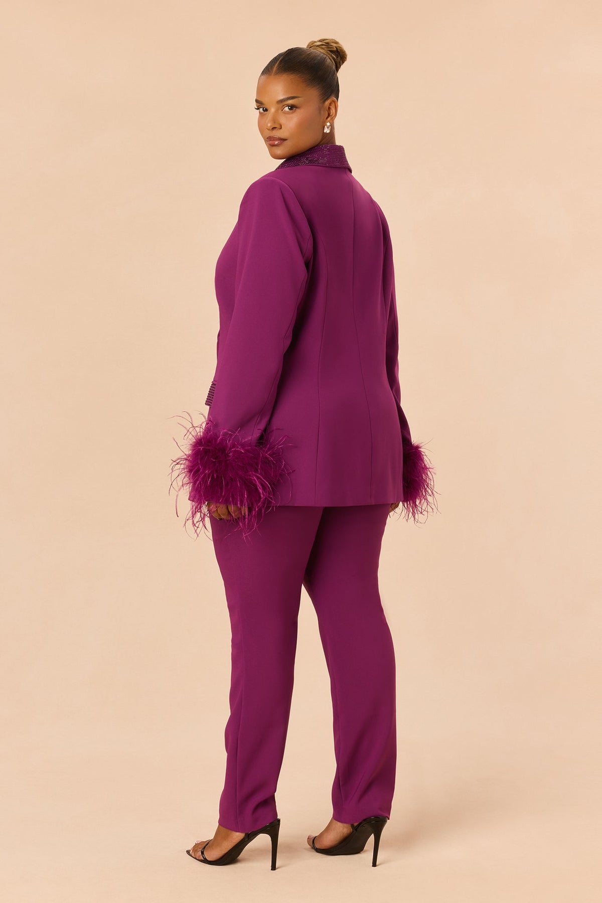 Clarissa Embellished Feather Blazer Suit Set - Plum