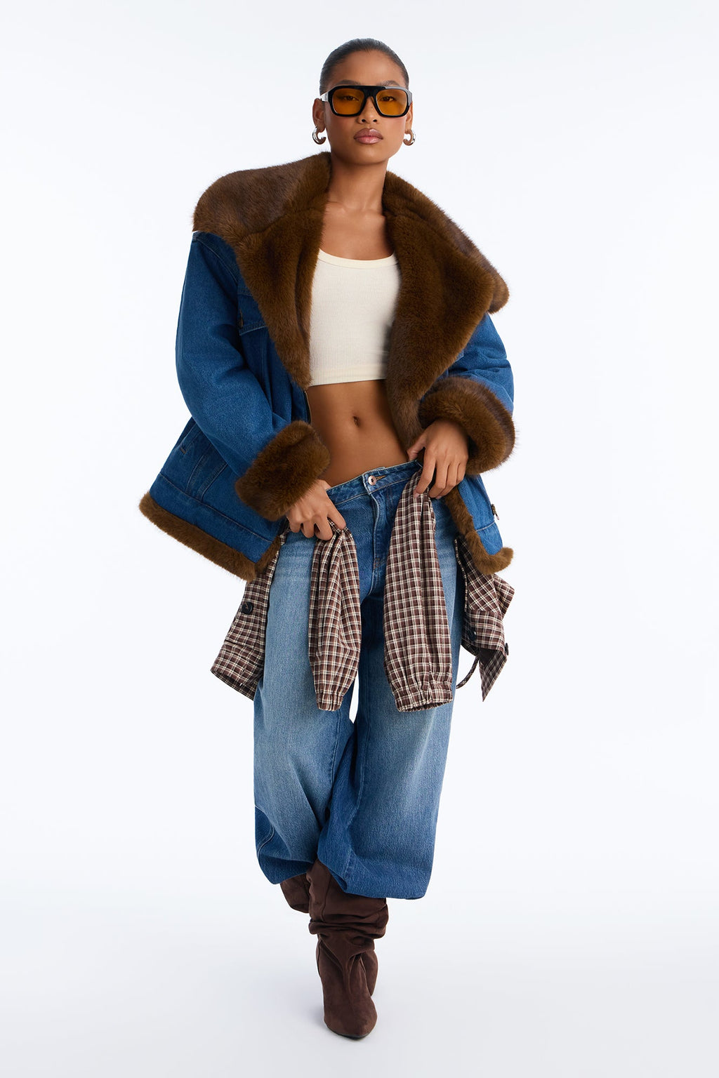 Jackson Faux Fur Trim Quilted Denim Jacket - Medium Wash