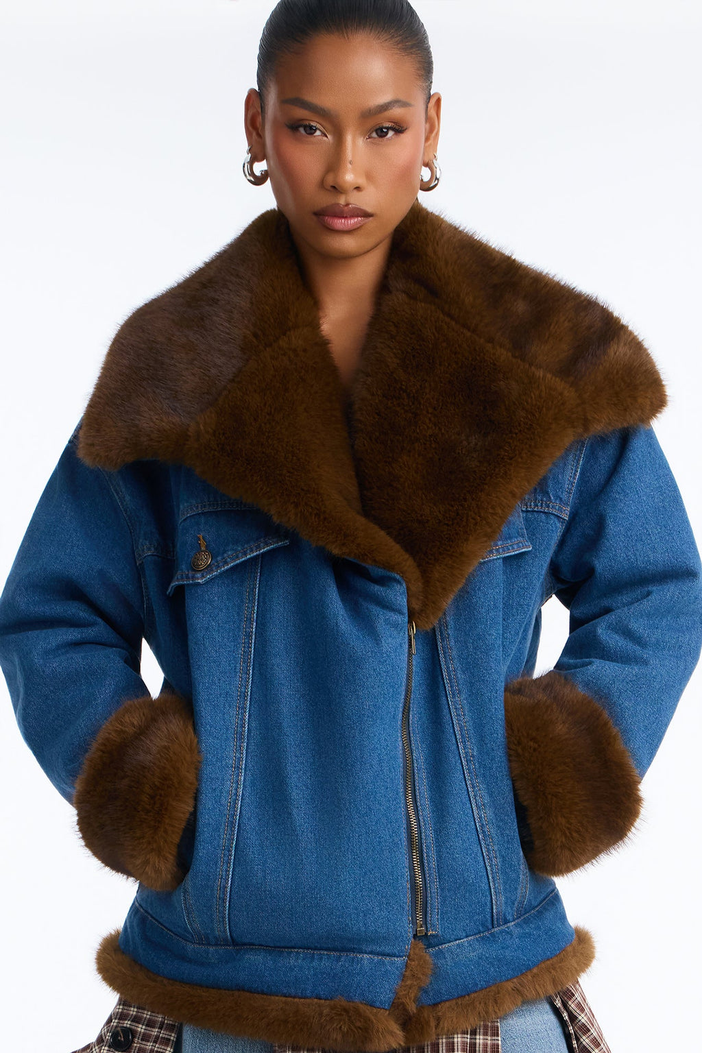 Jackson Faux Fur Trim Quilted Denim Jacket - Medium Wash