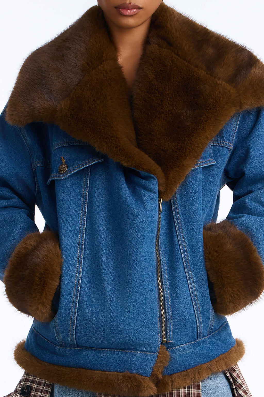Jackson Faux Fur Trim Quilted Denim Jacket - Medium Wash