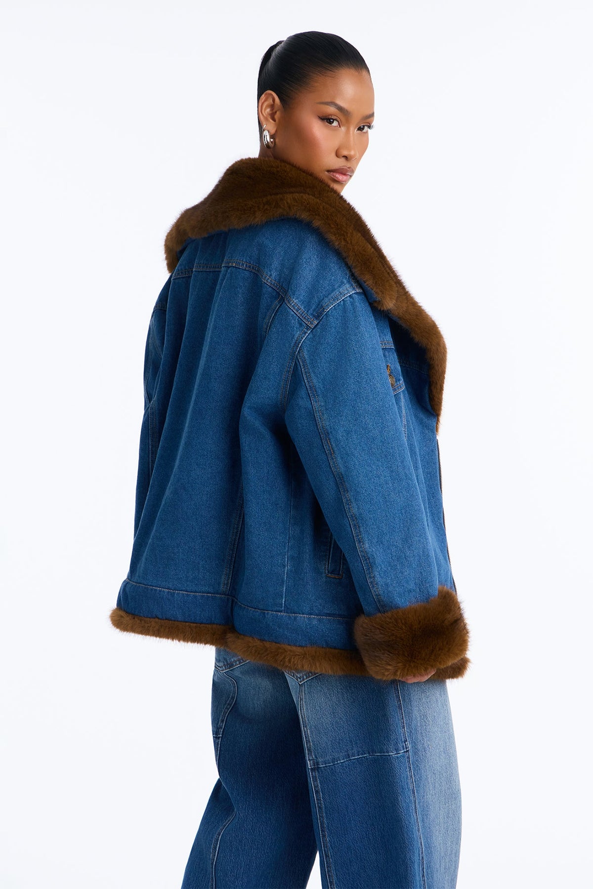 Jackson Faux Fur Trim Quilted Denim Jacket - Medium Wash