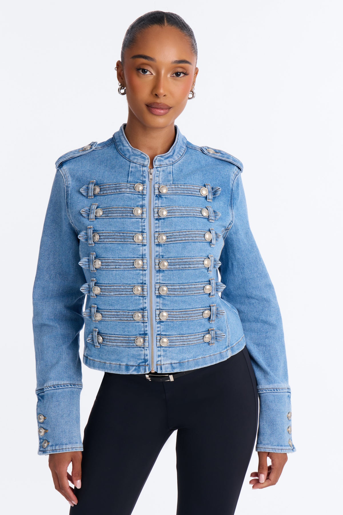 Defended You Decorated Stretch Denim Jacket - Light Wash