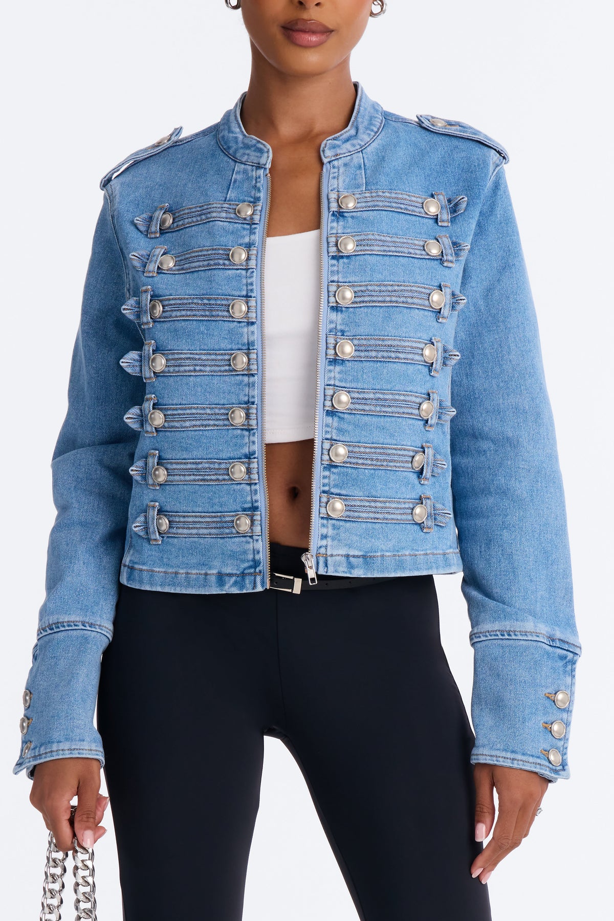 Defended You Decorated Stretch Denim Jacket - Light Wash