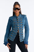 Marching Orders Stretch Denim Military Jacket - Medium Wash