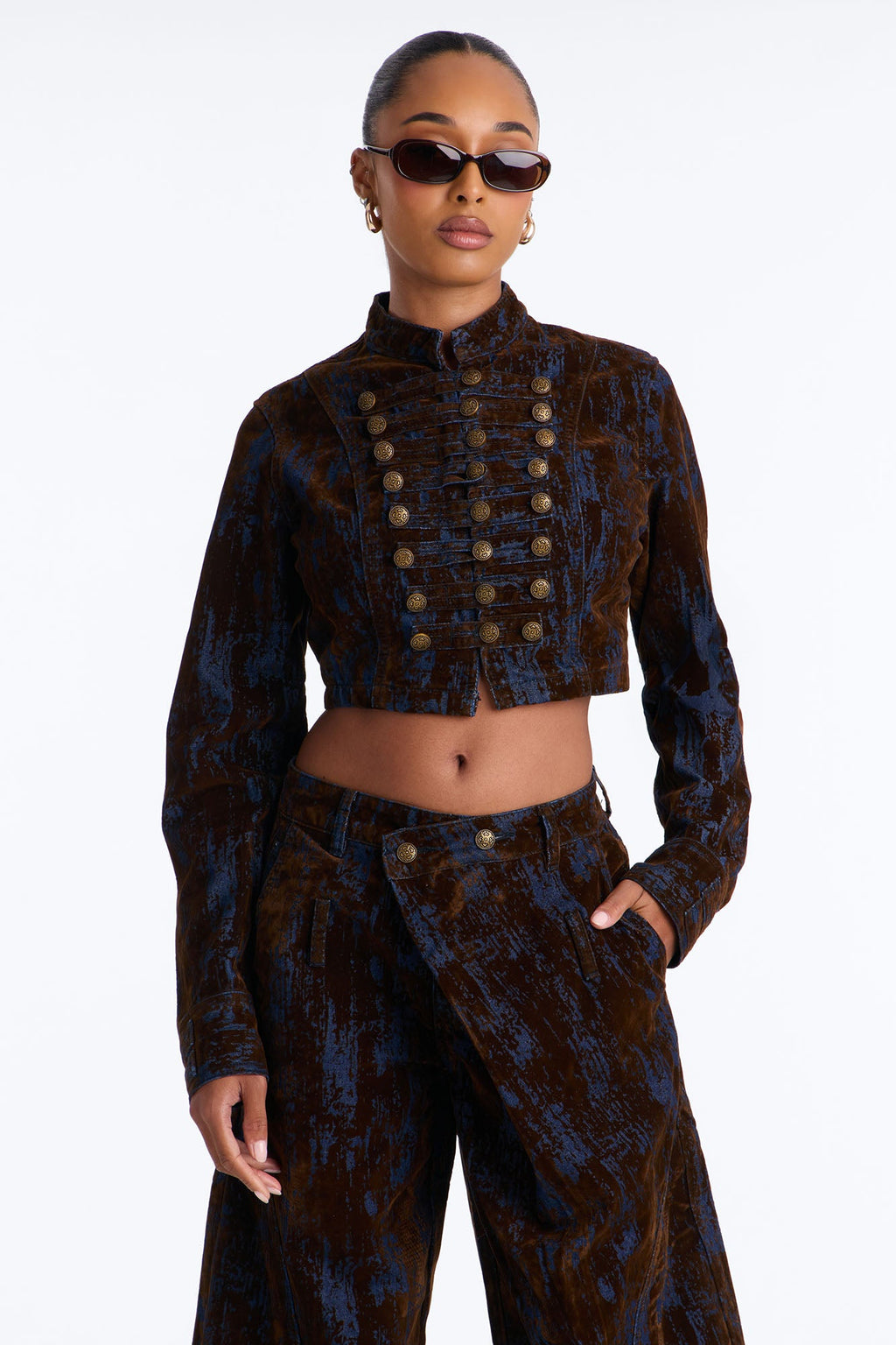 Royal Decree Flocked Denim Blazer Jacket - Brown Combo