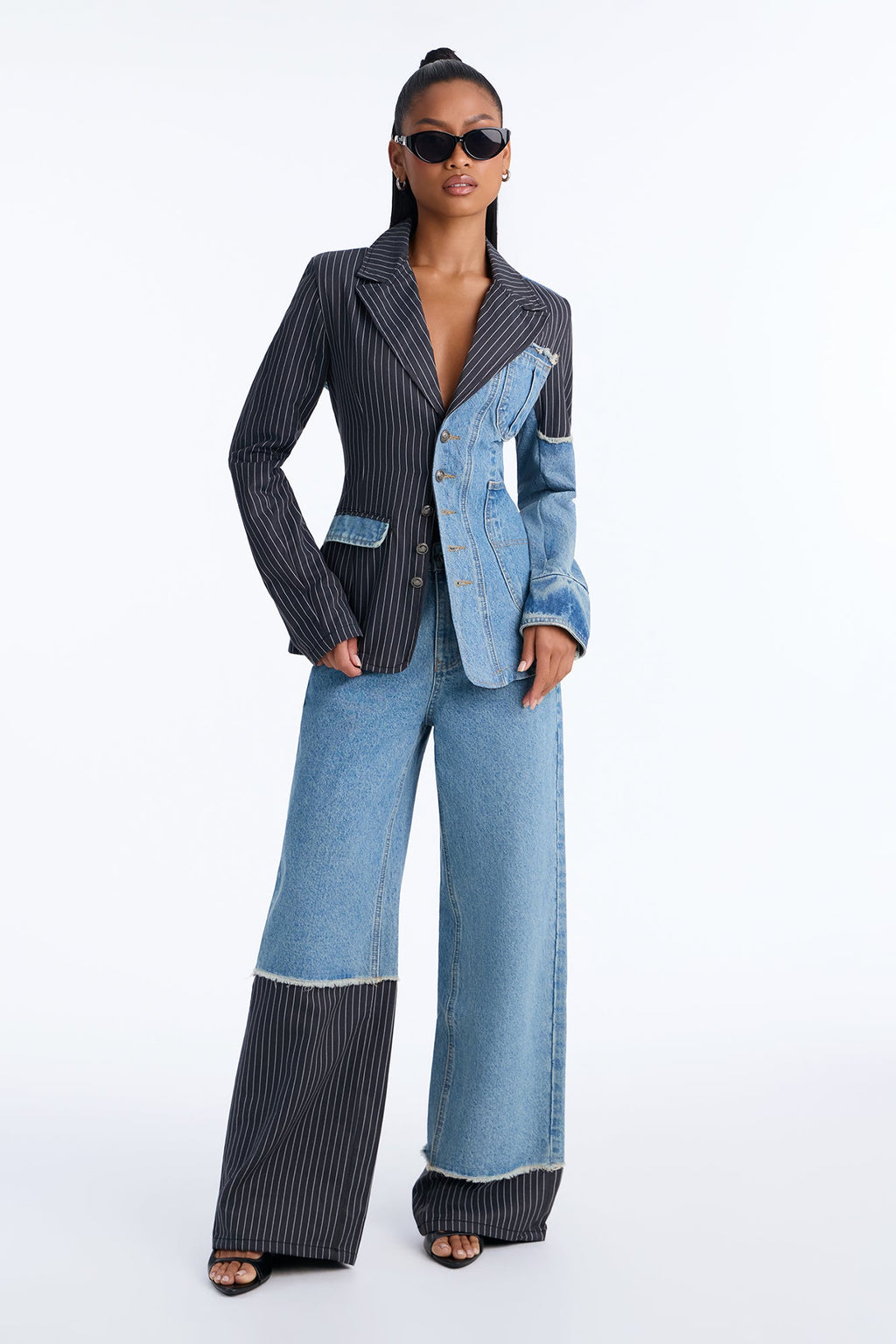 The Alibi Deconstructed Pinstripe Denim Blazer Jacket - Medium Wash