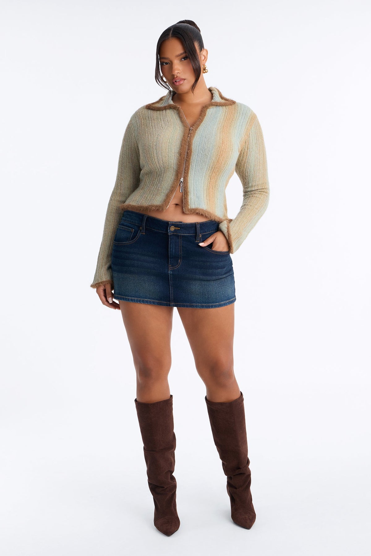 Ombre Cozy Zip Front Cardigan - Brown/combo