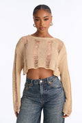 Possessive Distressed Cropped Pullover Sweater - Taupe