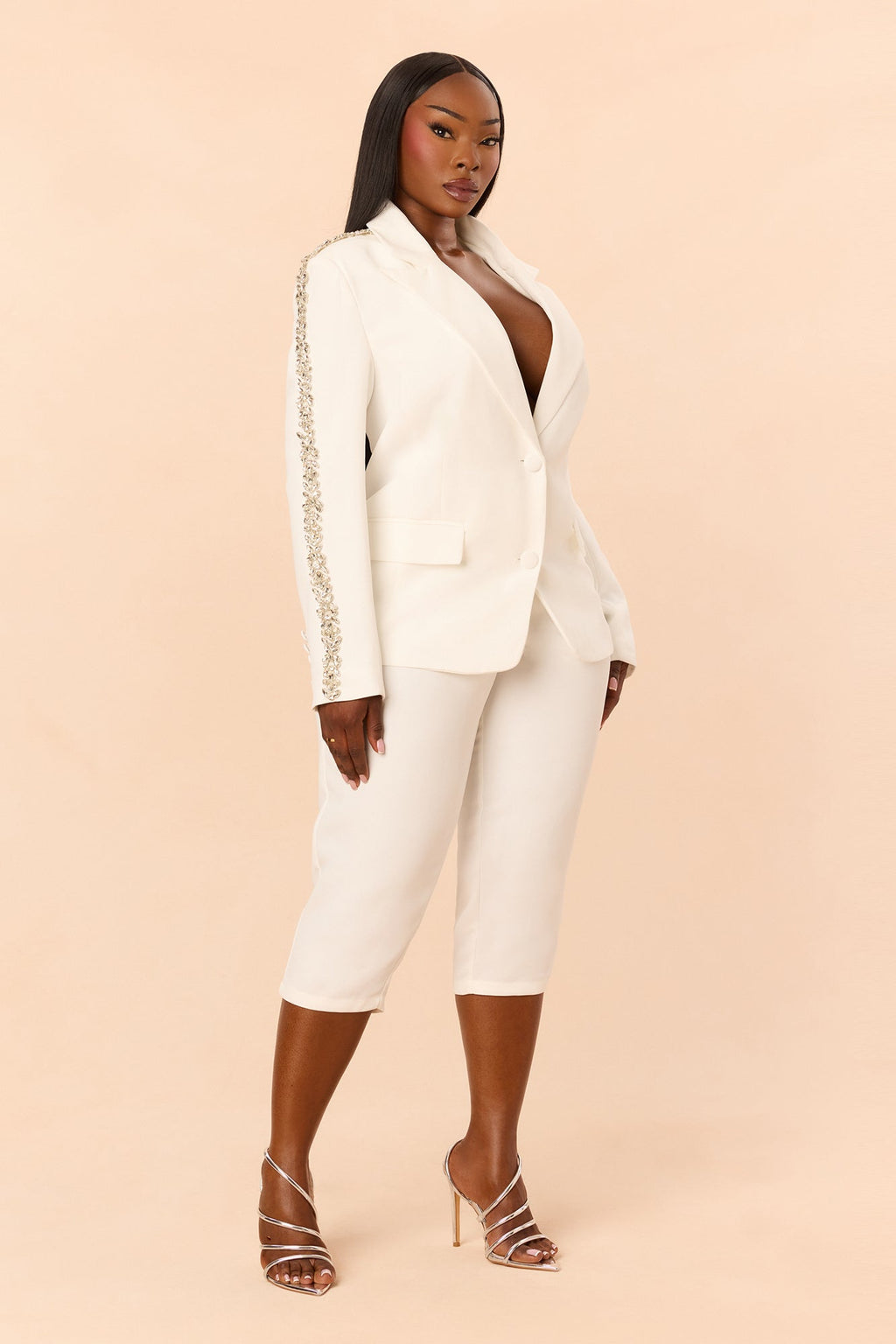 Victoria Rhinestone Trim Blazer Capri Set - White