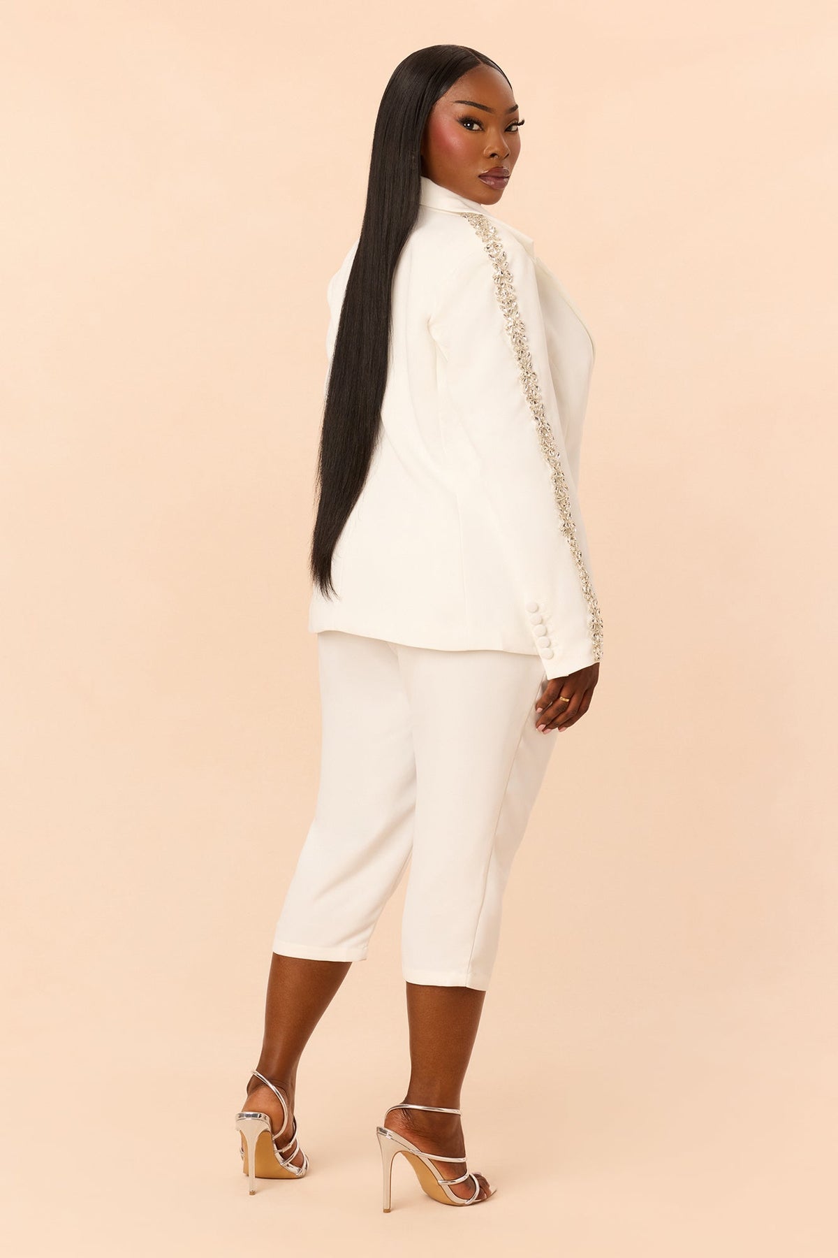 Victoria Rhinestone Trim Blazer Capri Set - White