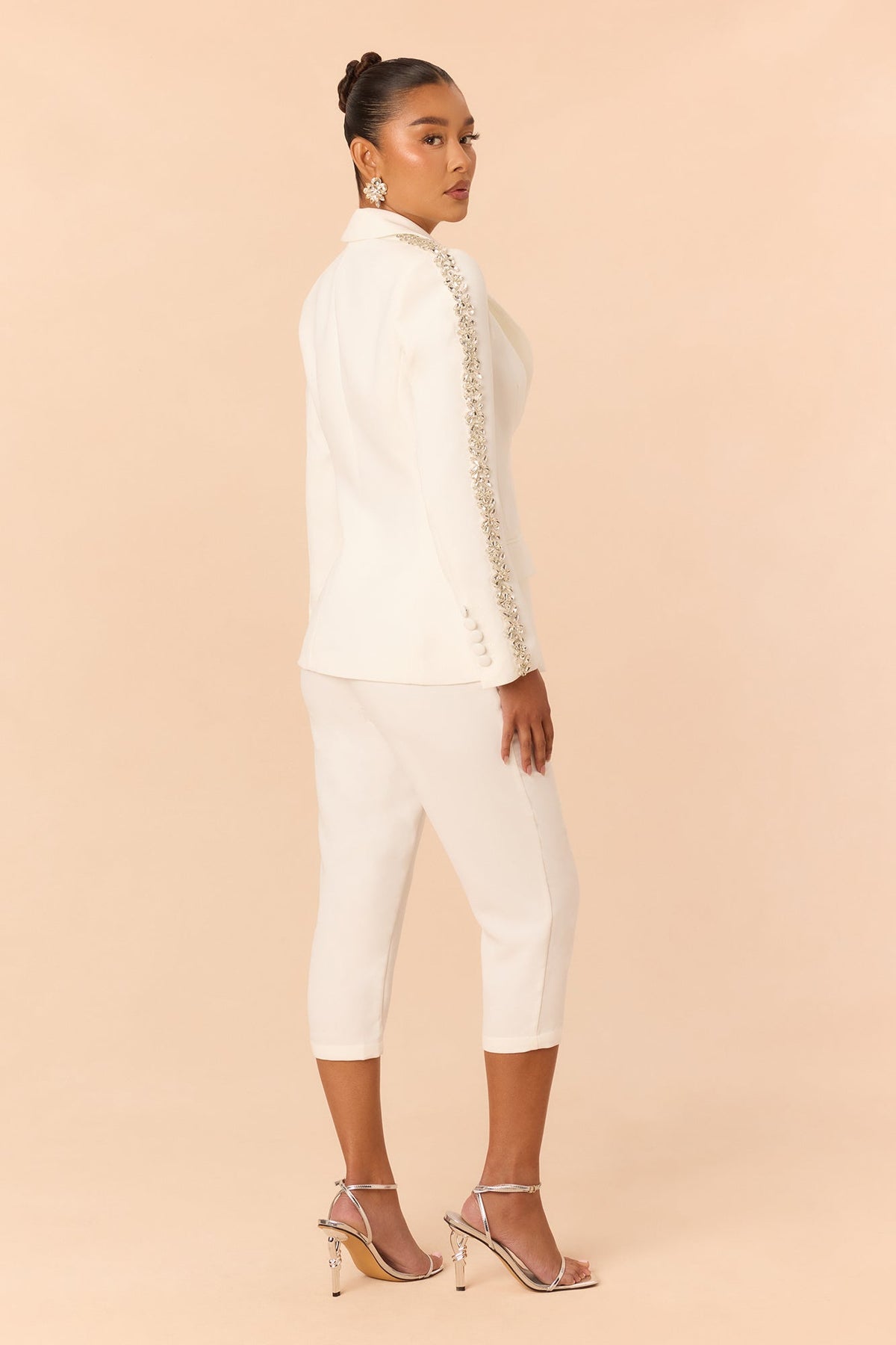 Victoria Rhinestone Trim Blazer Capri Set - White
