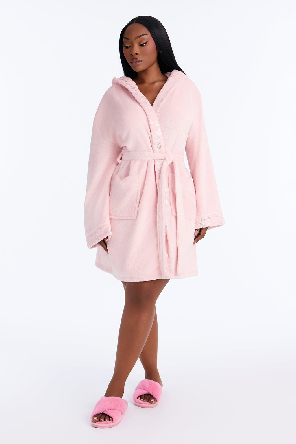 My Aura Hooded Contrast Trim Plush Robe - Pink
